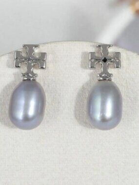 Tory Burch Silver Openwork Gray Pearl Dangle Earrings